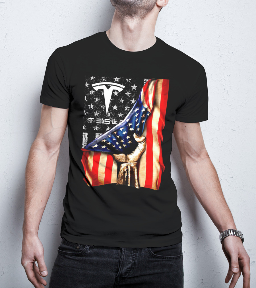 Tesla Logo American Flag Hand Folded Stars Stripes Vintage Style T-Shirt
