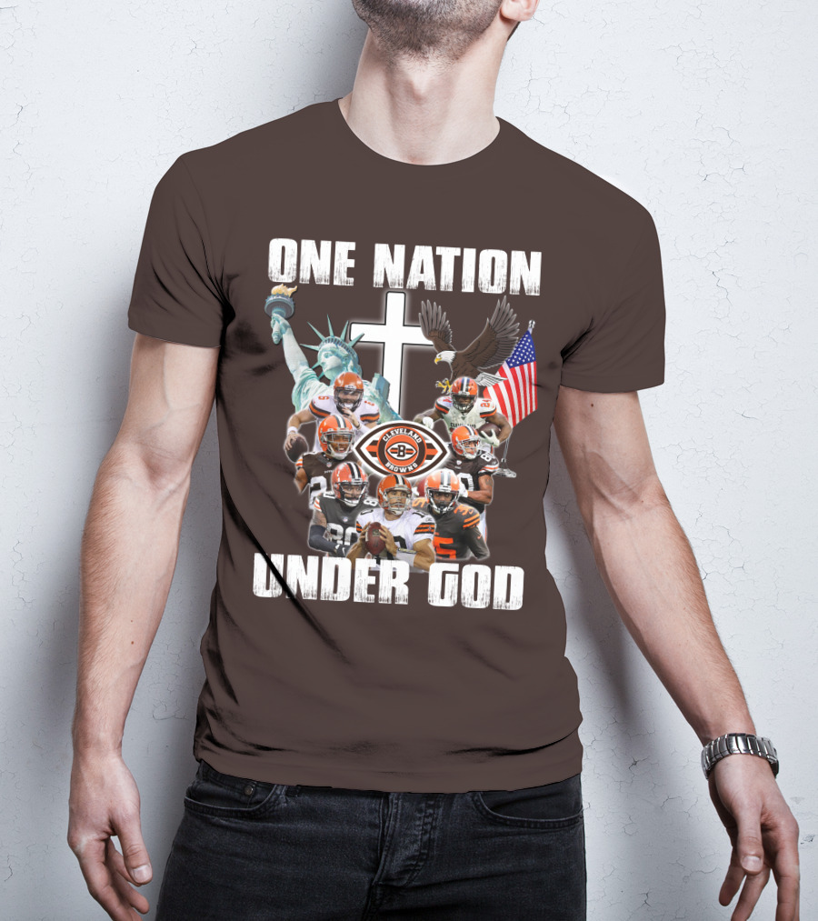Cleveland Browns One Nation Under God Players Statue Of Liberty Eagle Flag Cross T-Shirt