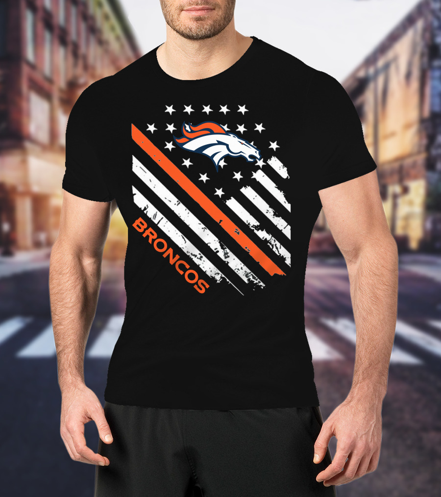 Broncos Logo With Stars And Stripes In Orange And White T-Shirt
