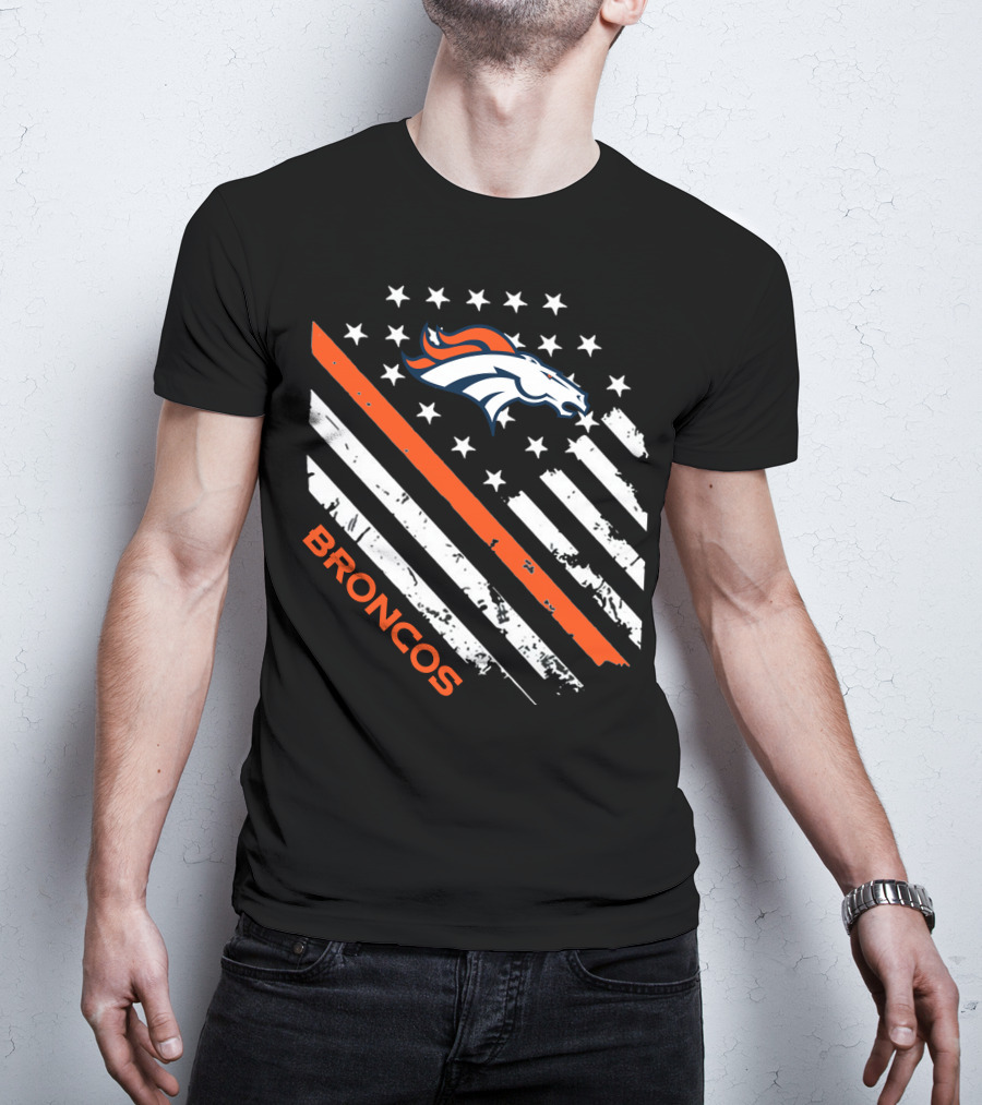 Broncos Logo With Stars And Stripes In Orange And White T-Shirt