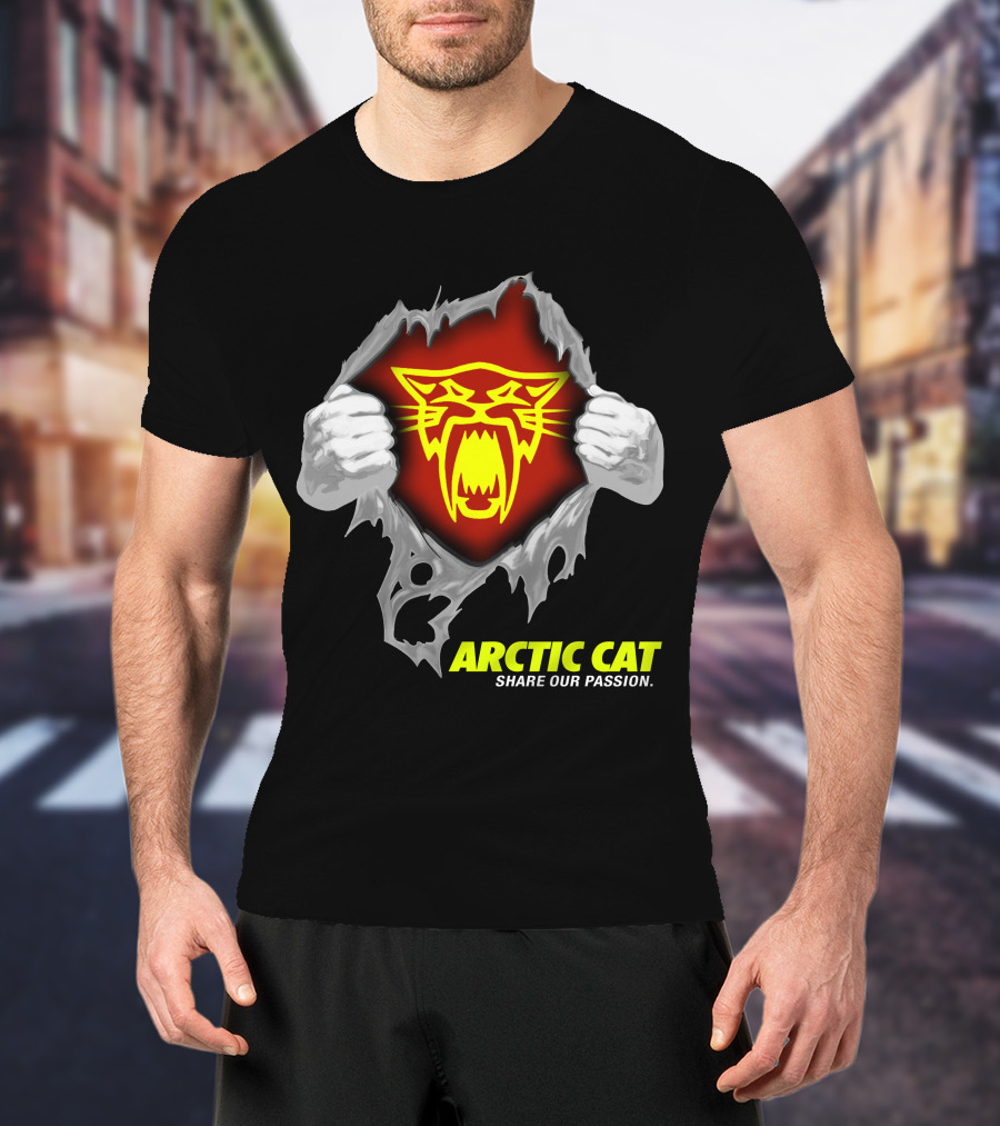 Arctic Cat Share Our Passion Fierce Yellow Logo Ripped Effect T-Shirt