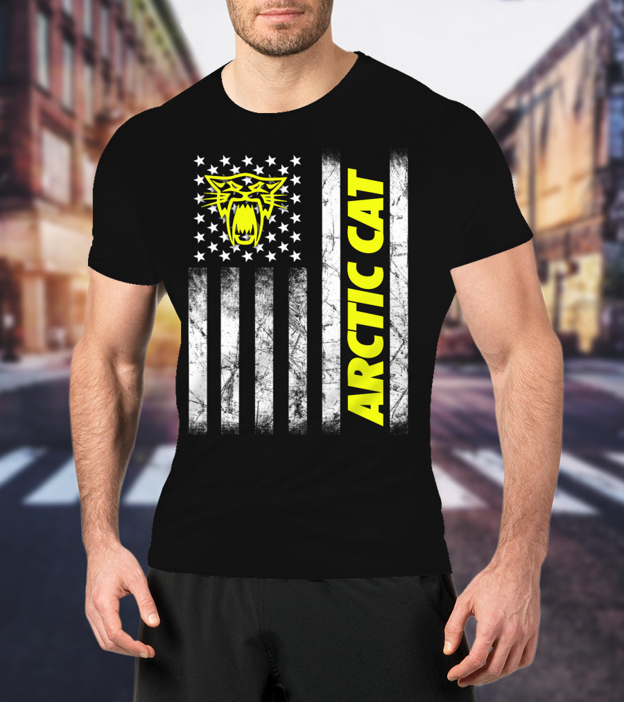 Arctic Cat Yellow Logo With American Flag Stripes And Stars T-Shirt