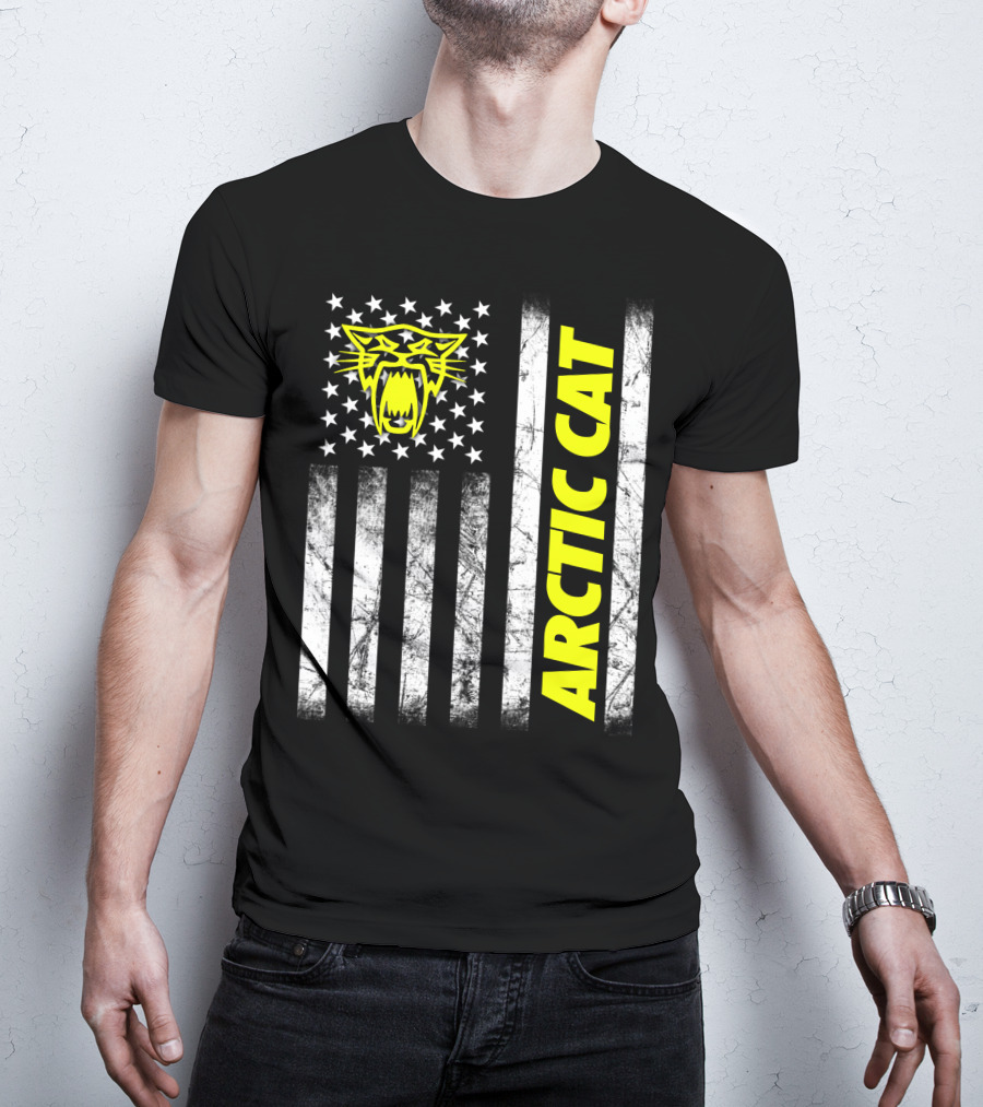 Arctic Cat Yellow Logo With American Flag Stripes And Stars T-Shirt
