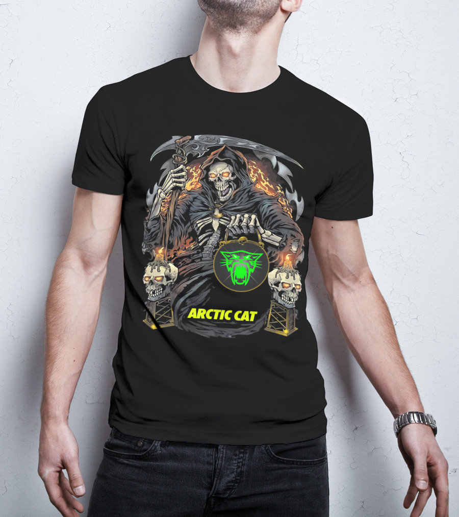 Arctic Cat Grim Reaper Skeleton Holding Scythe And Neon Green Cat T-Shirt