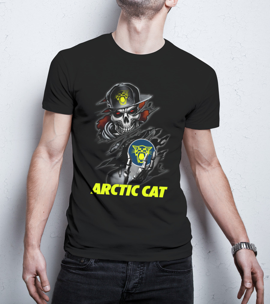 Arctic Cat Skull Skeleton With Hat Holding T-Shirt