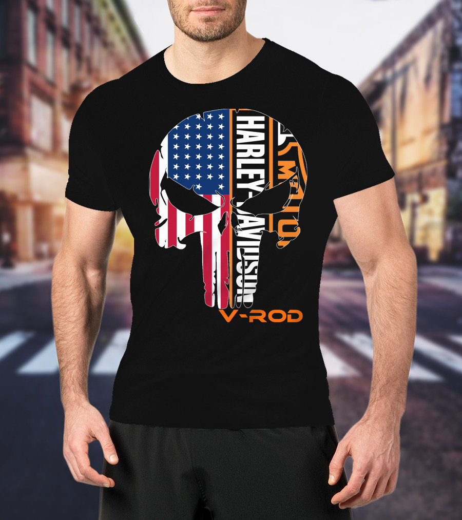 V-Rod Harley Davidson American Flag Skull T-Shirt