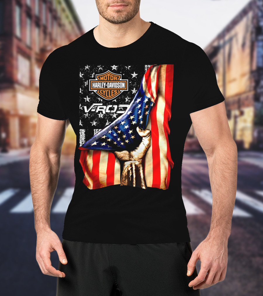 Harley Davidson Motor Cycles Vrod 12 American Flag Fist T-Shirt