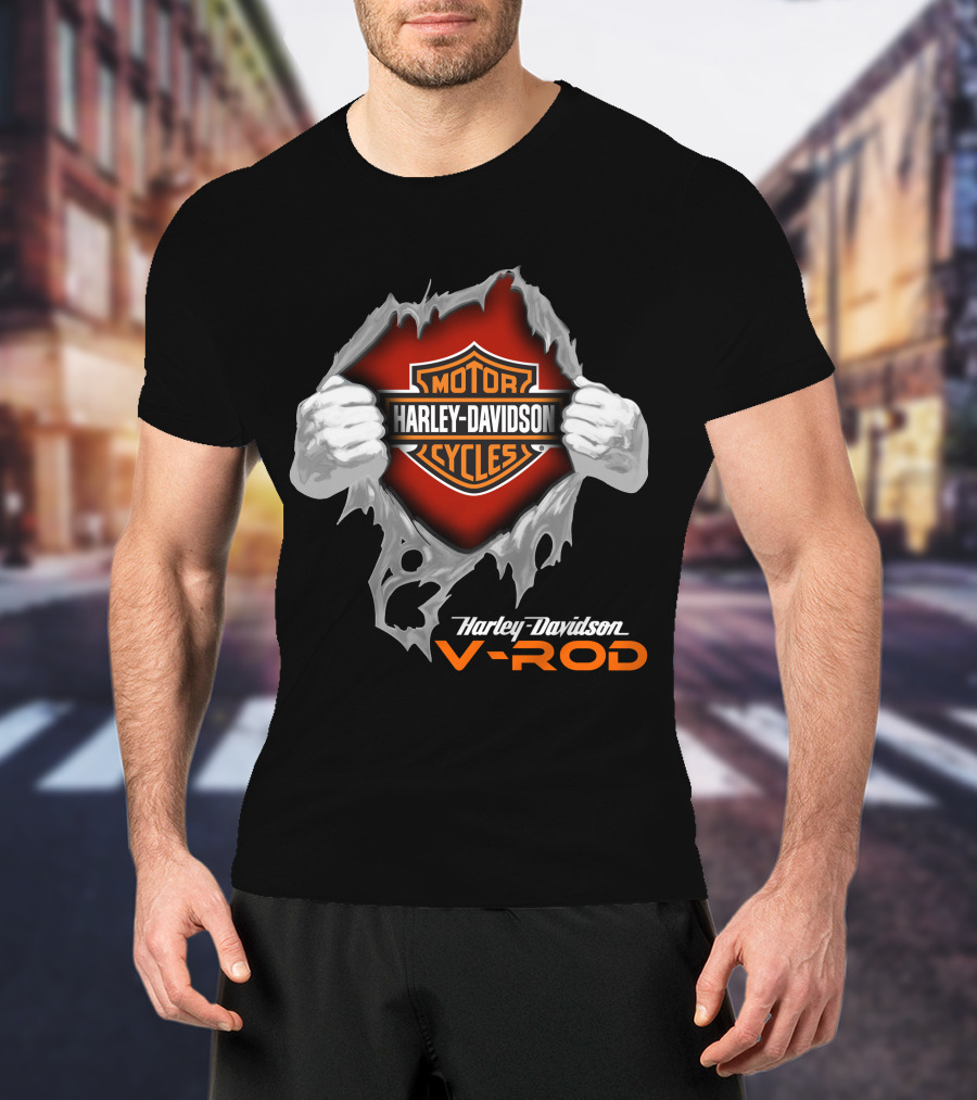 Harley Davidson V-Rod Motor Cycles Logo And Shield With Ripping Hands T-Shirt