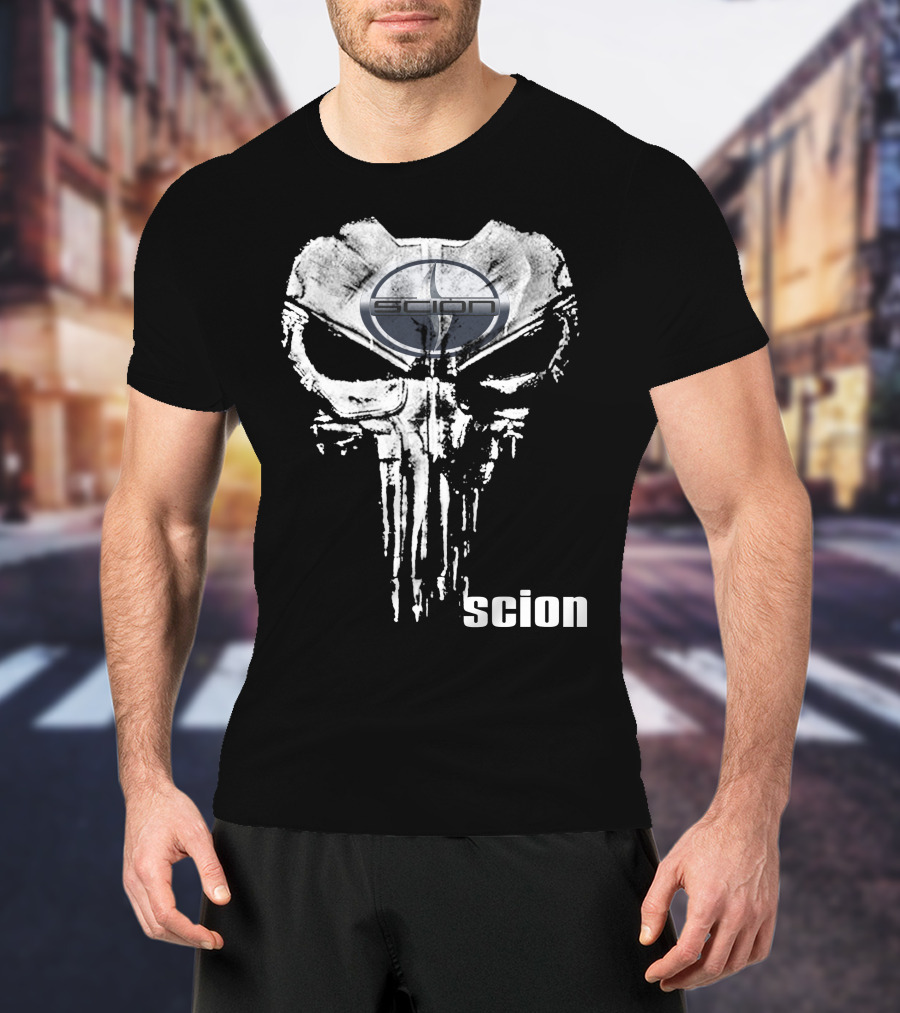 Scion Logo Overlaid On Punisher Skull T-Shirt