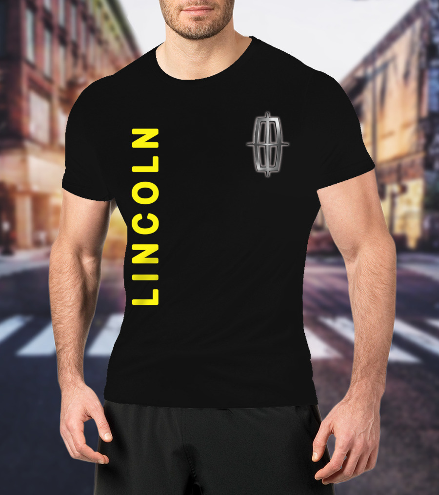 Lincoln Logo Vertical Yellow Text Black T-Shirt