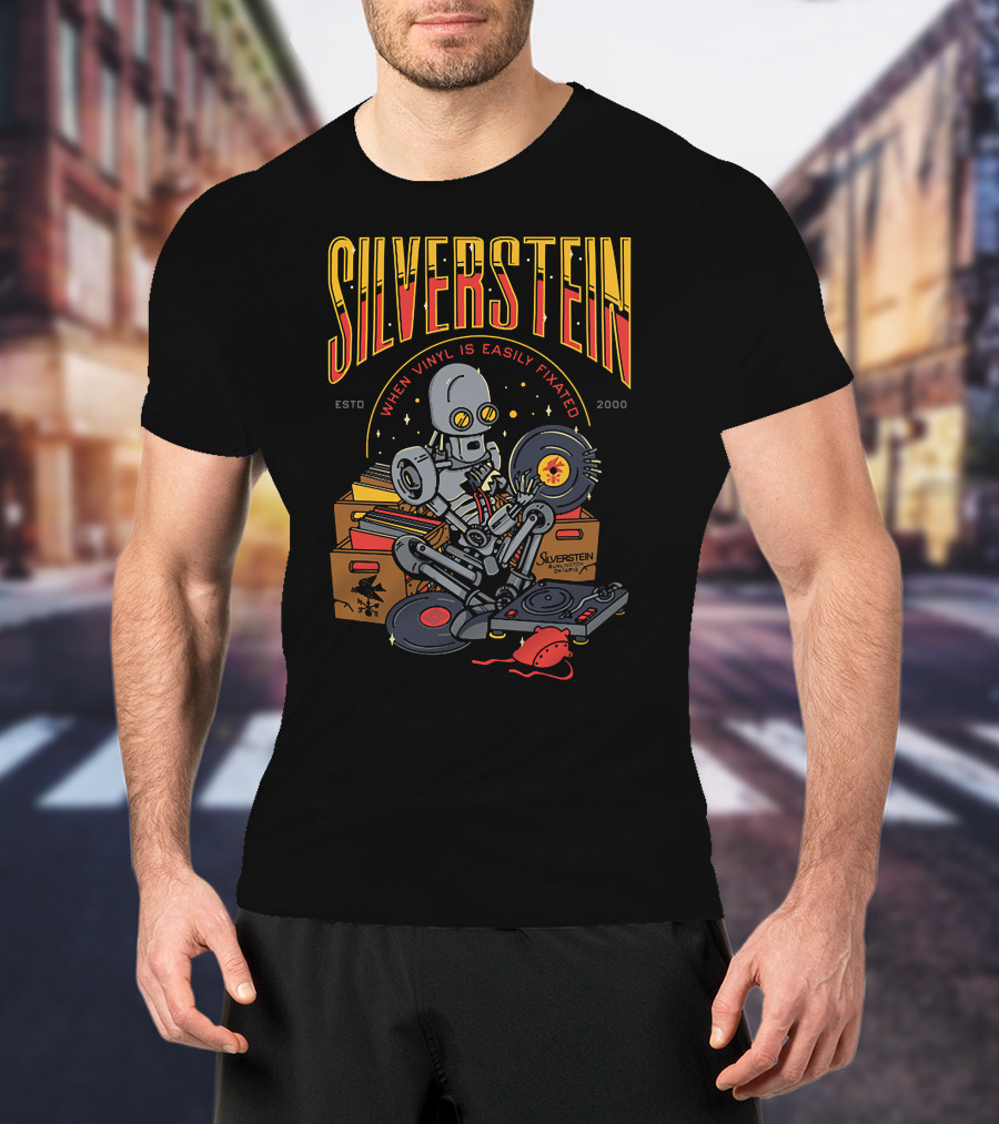 Silverstein When Vinyl Is Easily Fixated Estd 2000 Robot With Records T-Shirt