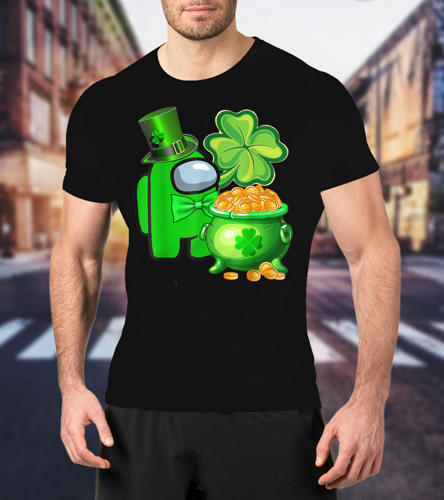 Among Us Green Character With Shamrock Hat And Pot Of Gold St Patrick's Day T-Shirt