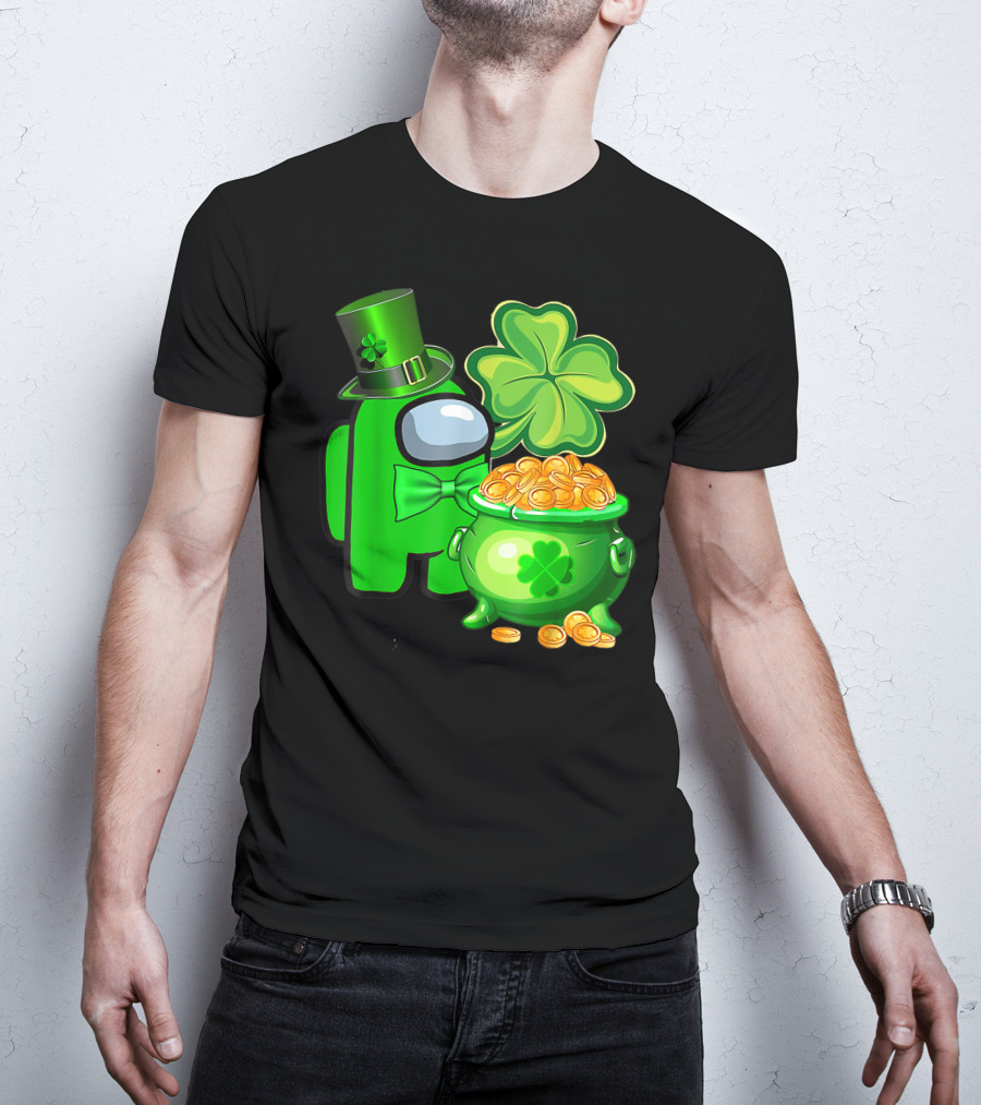 Among Us Green Character With Shamrock Hat And Pot Of Gold St Patrick's Day T-Shirt