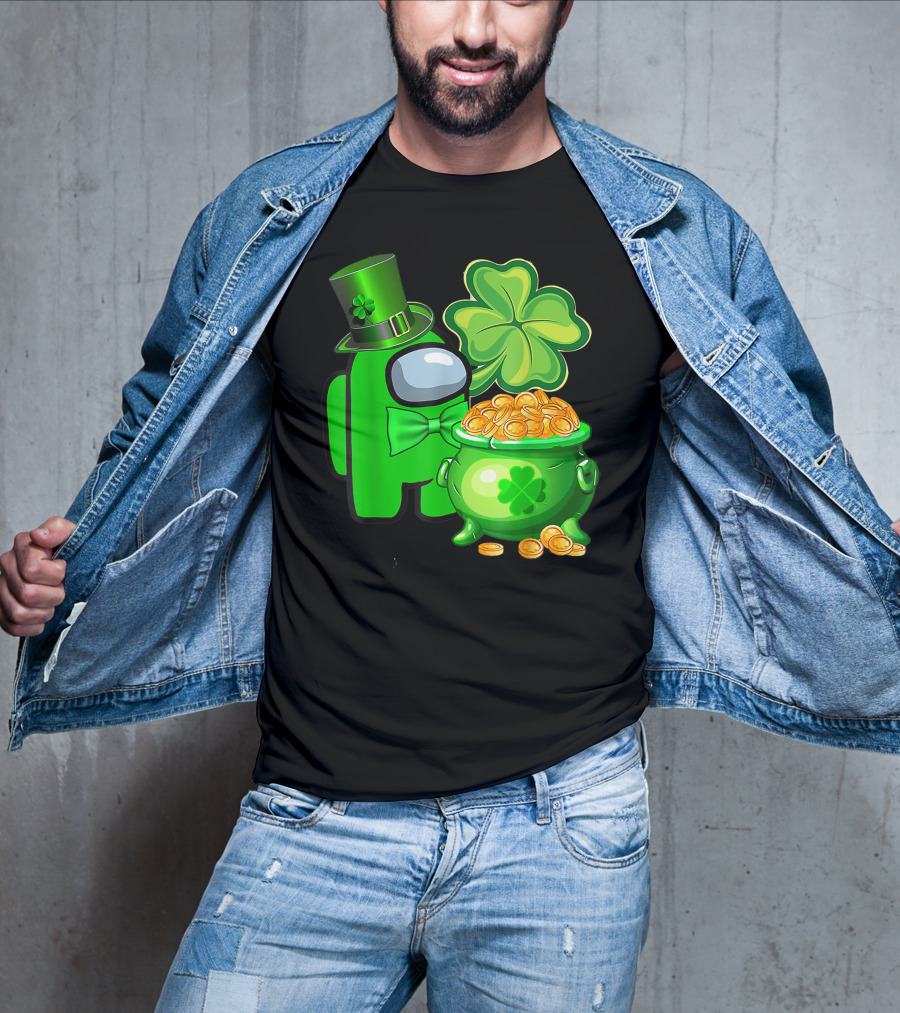 Among Us Green Character With Shamrock Hat And Pot Of Gold St Patrick's Day T-Shirt