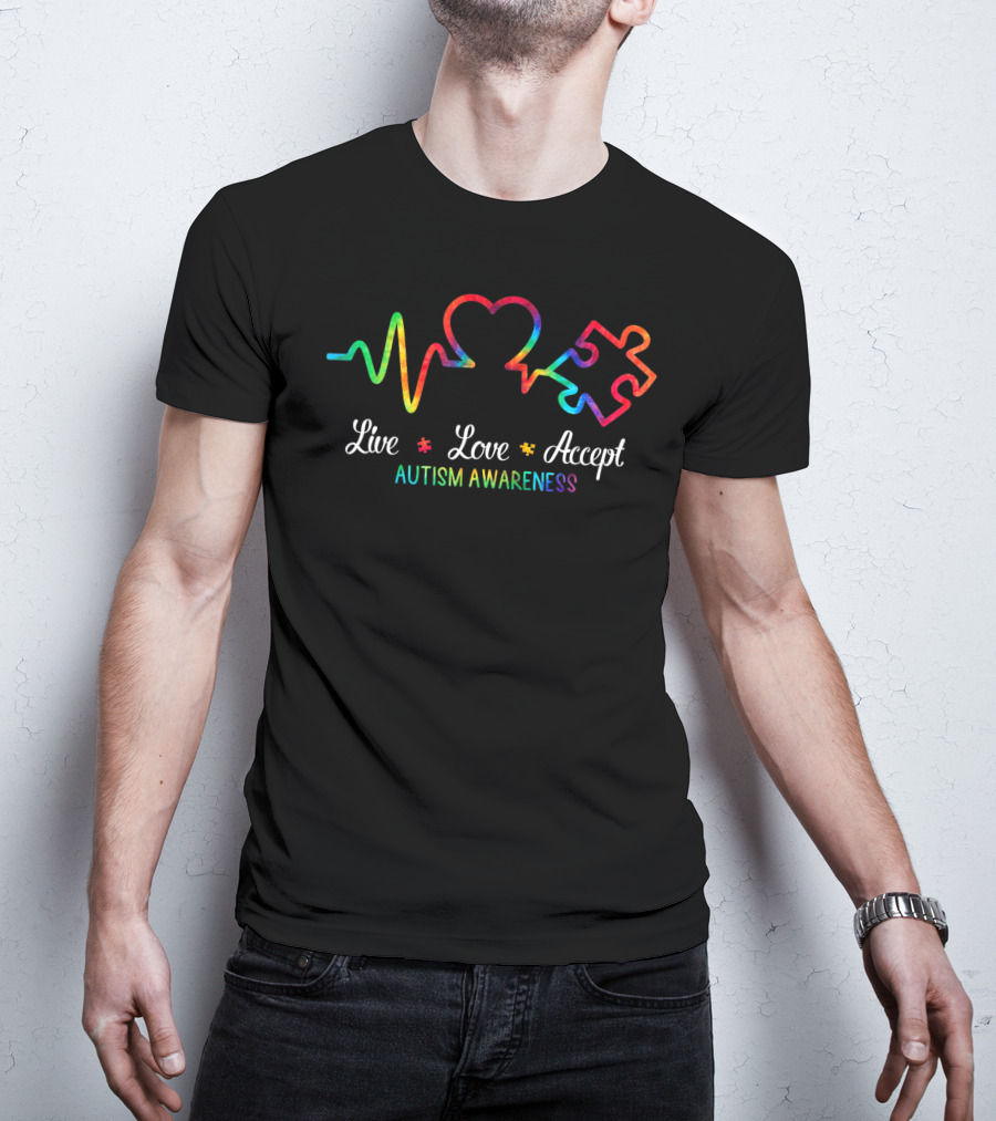 Live Love Accept Autism Awareness Heartbeat Puzzle Tie Dye Autism Mom Boy T-Shirt