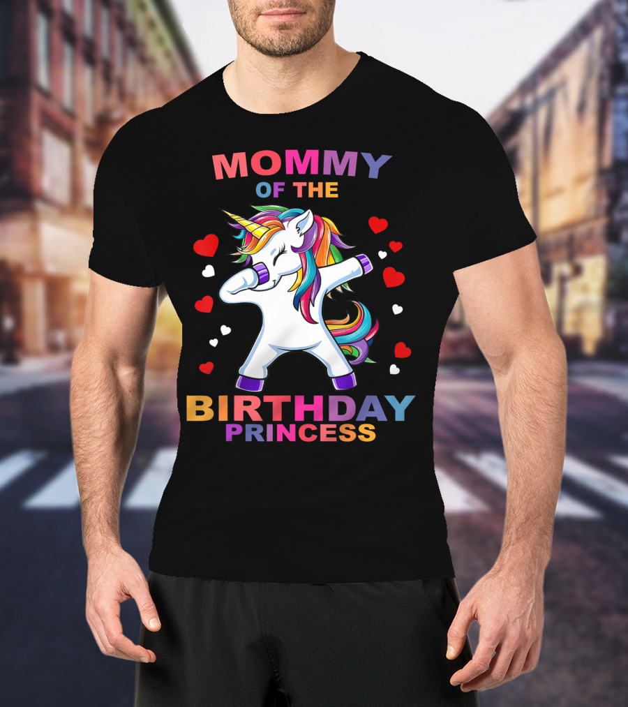Mommy Of The Birthday Princess Unicorn Girl Dabbing With Hearts T-Shirt