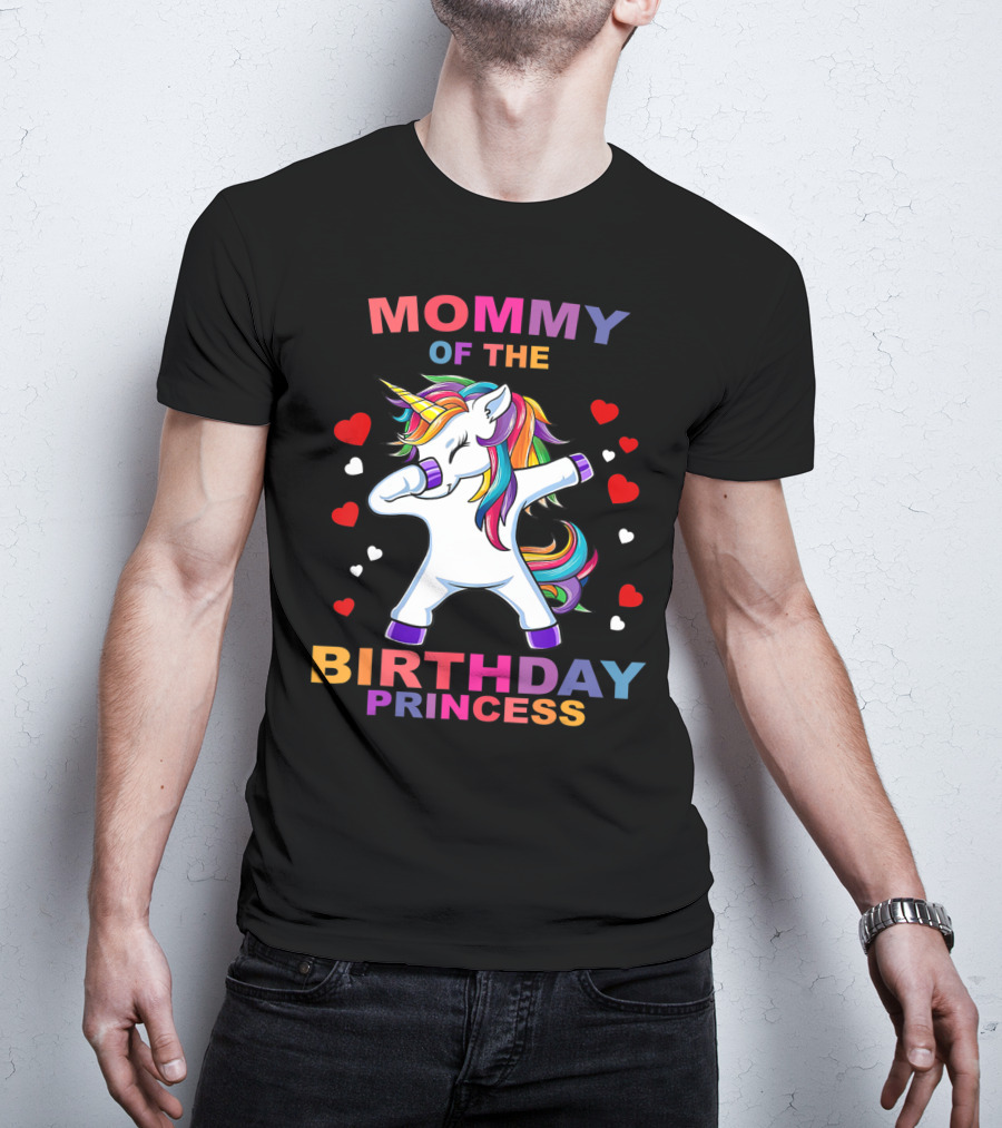 Mommy Of The Birthday Princess Unicorn Girl Dabbing With Hearts T-Shirt