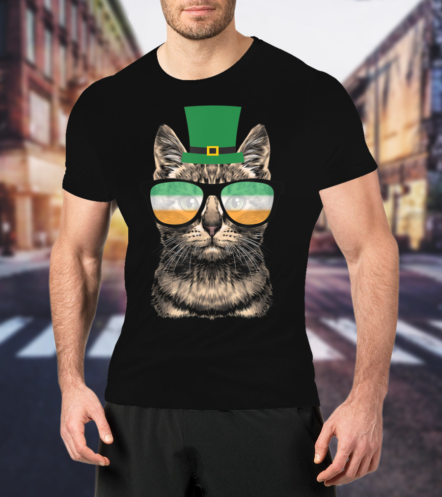 St Patrick's Day Cat Kitty Wearing Irish Green Hat And Glasses T-Shirt