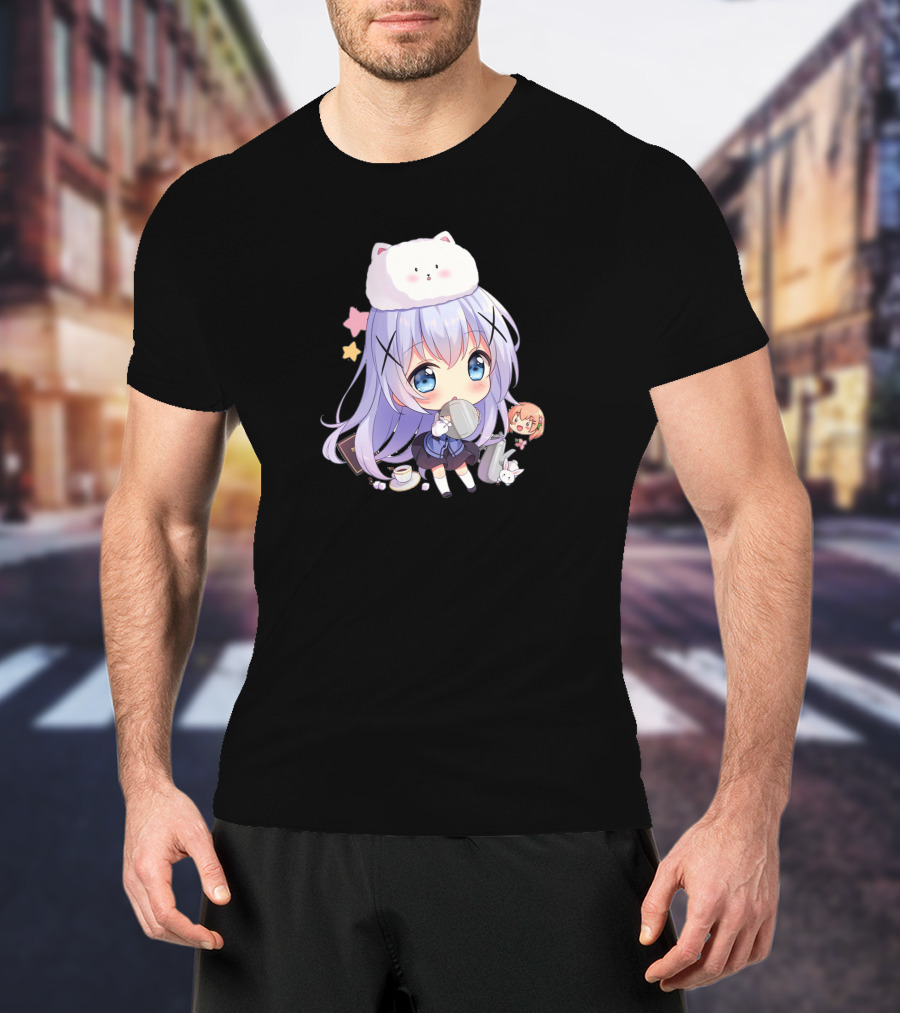 Hitsu Chibi Style Japanese Anime Character With Cat Hat And Stars T-Shirt