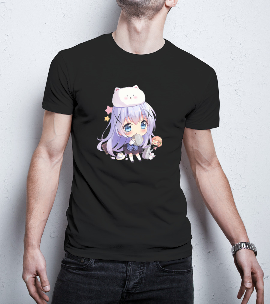 Hitsu Chibi Style Japanese Anime Character With Cat Hat And Stars T-Shirt