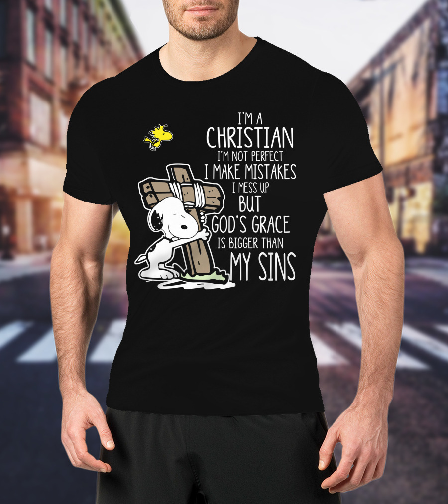 I'm A Christian God's Grace Bigger Than My Sins Snoopy Hugging Cross T-Shirt