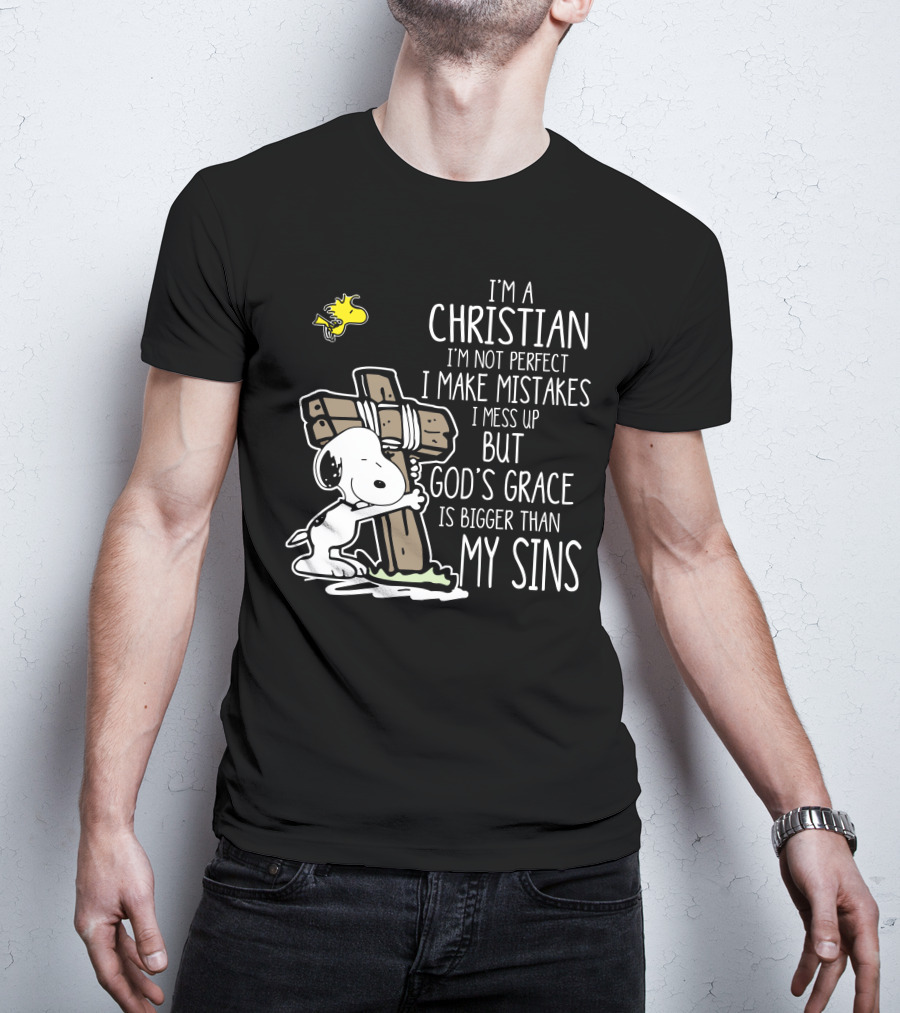 I'm A Christian God's Grace Bigger Than My Sins Snoopy Hugging Cross T-Shirt