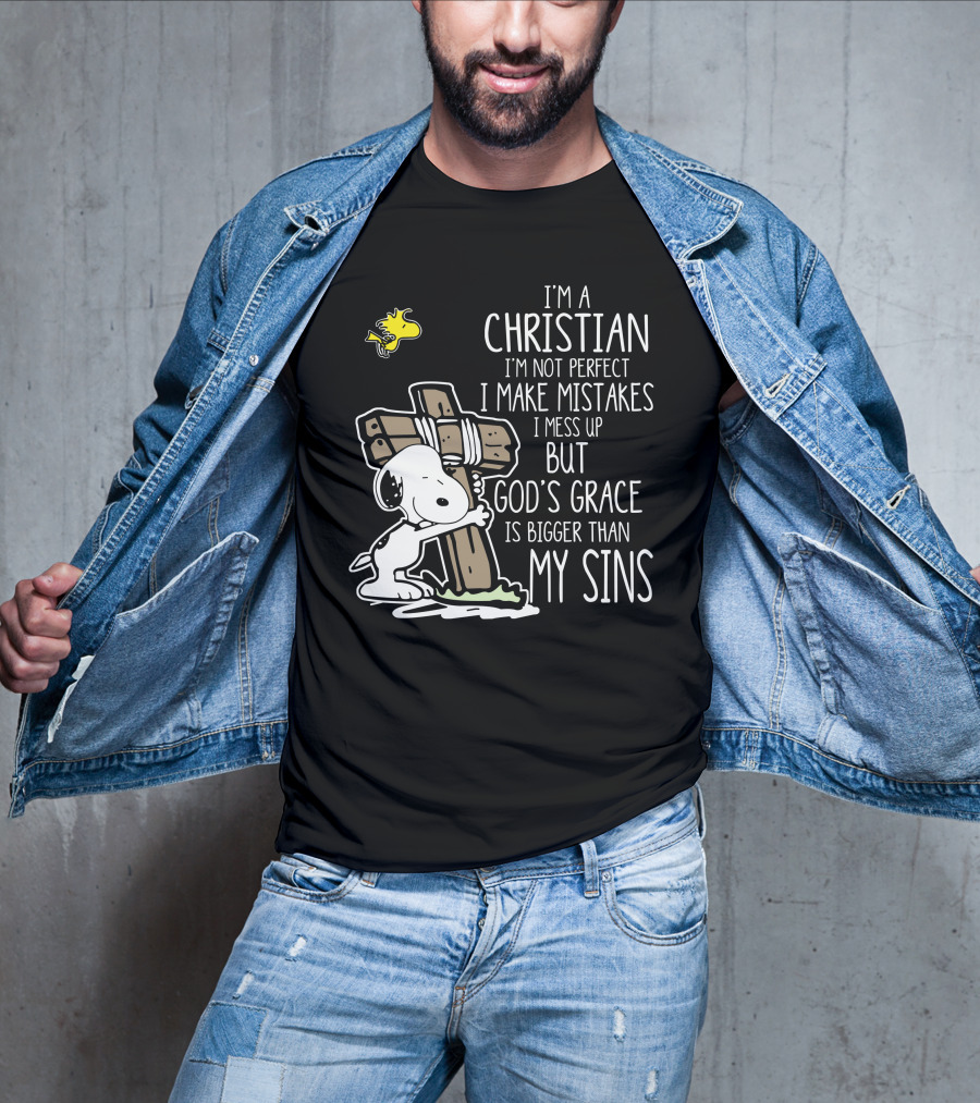 I'm A Christian God's Grace Bigger Than My Sins Snoopy Hugging Cross T-Shirt