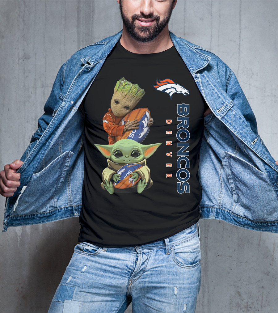 Only Today Groot And Baby Yoda Holding Broncos Football Denver Broncos T-Shirt