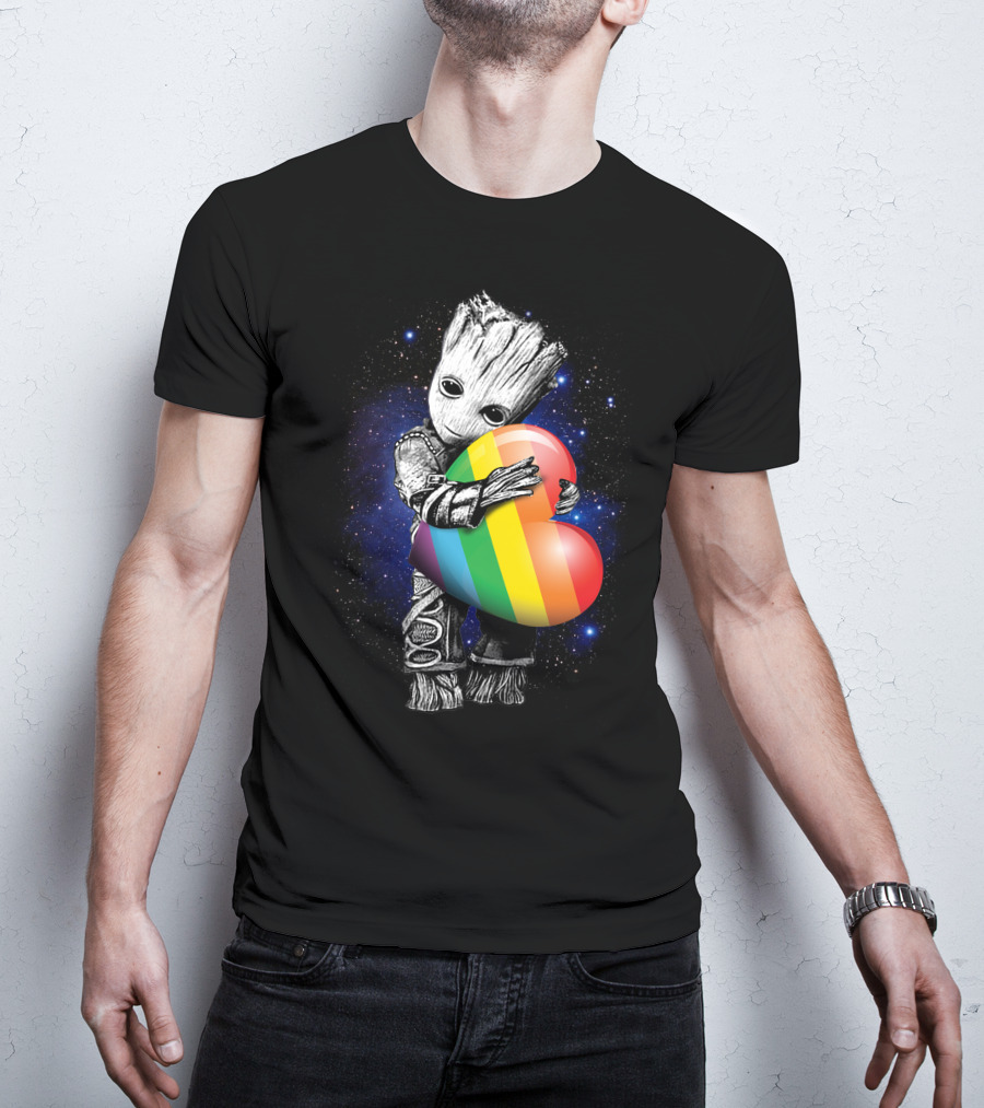 Only Today Groot Hugging Rainbow Heart In Galactic Space Theme T-Shirt