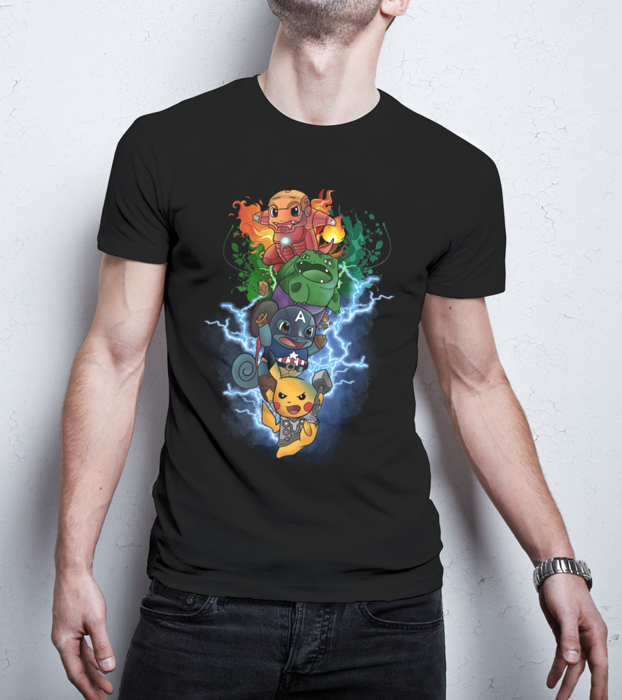 Pikachu Squirtle Charmander Bulbasaur Superhero Mashup T-Shirt