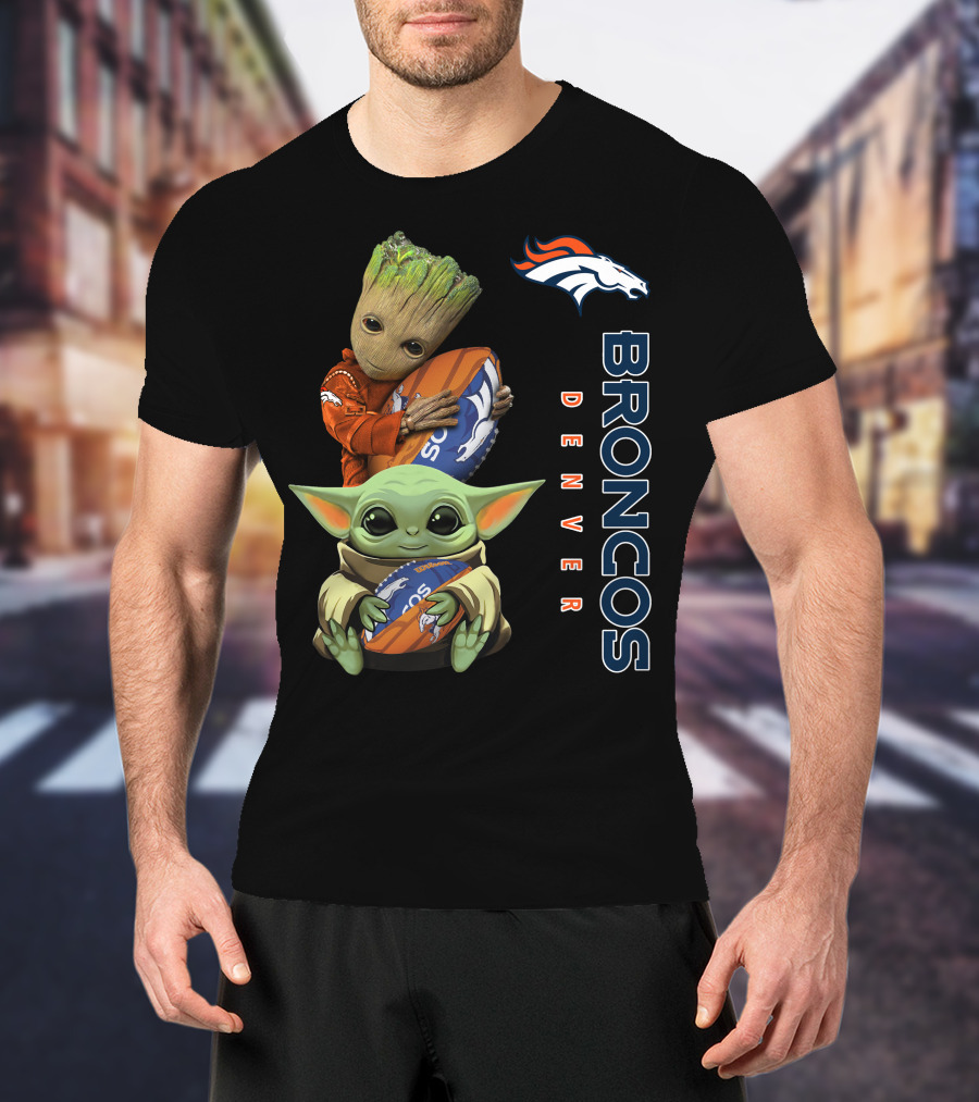 Denver Broncos Baby Yoda And Groot Holding Footballs T-Shirt