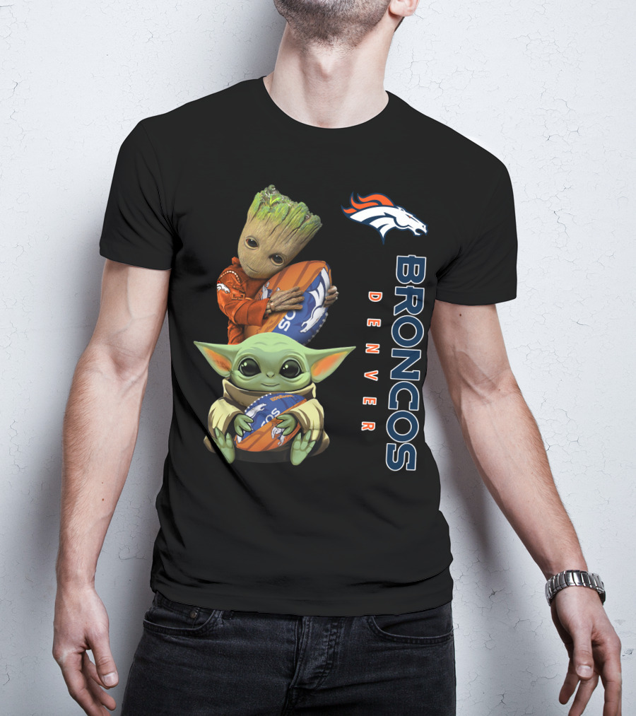 Denver Broncos Baby Yoda And Groot Holding Footballs T-Shirt