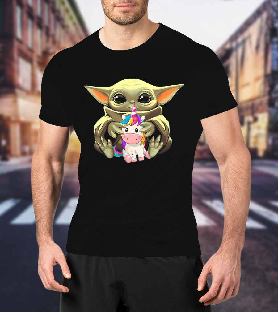 Adorable Yoda With Rainbow Unicorn T-Shirt