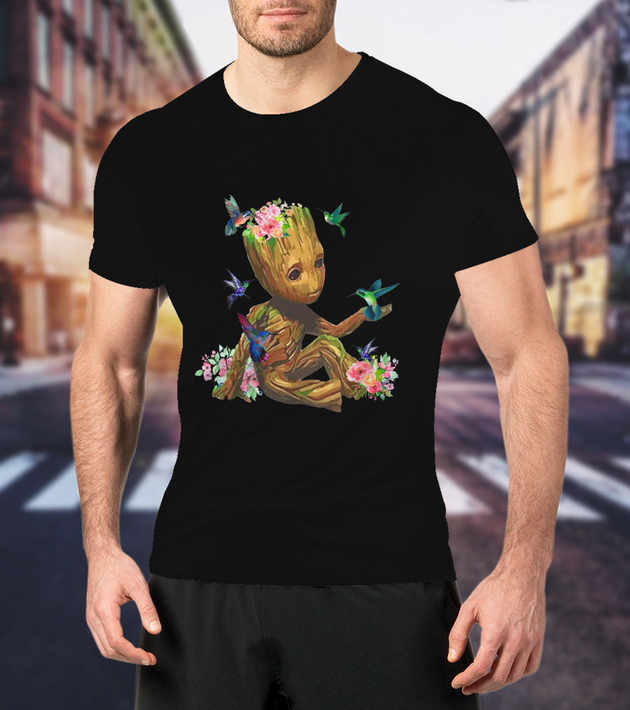 Baby Groot With Flowers And Hummingbirds T-Shirt