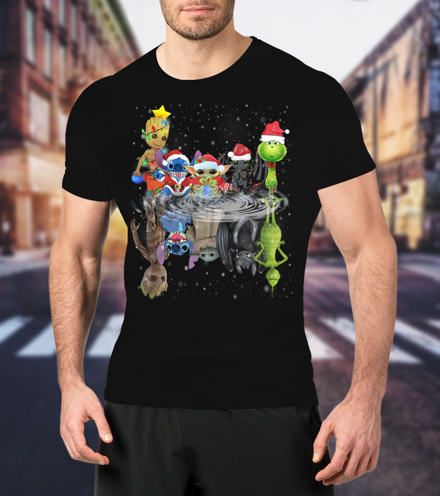 Groot Stitch Yoda Grinch Christmas Reflection T-Shirt