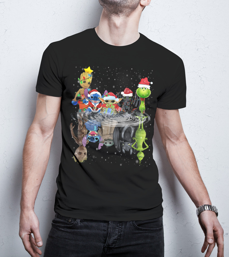 Groot Stitch Yoda Grinch Christmas Reflection T-Shirt