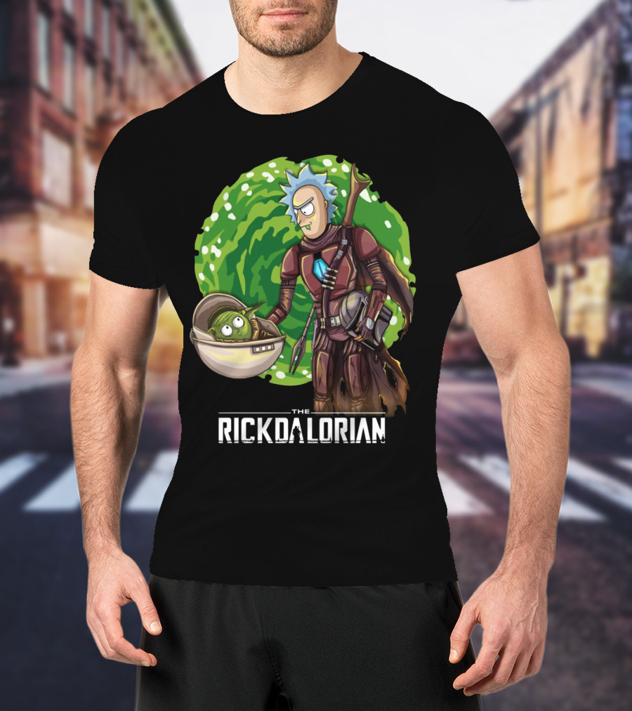 The Rickdalorian With Green Portal Background And Baby Alien Character T-Shirt