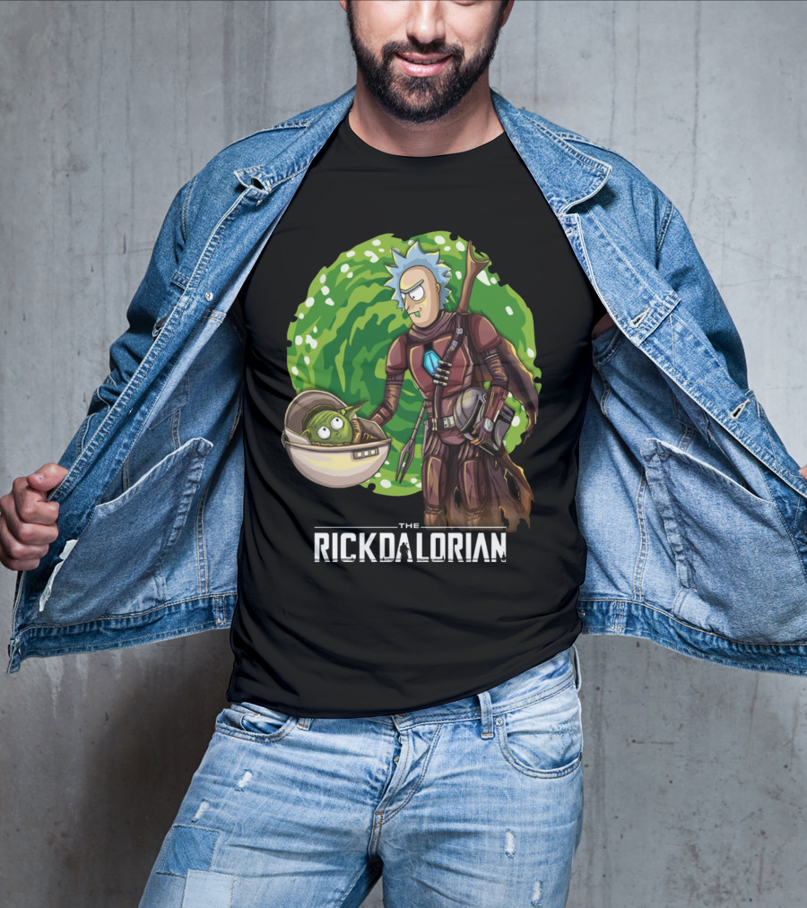 The Rickdalorian With Green Portal Background And Baby Alien Character T-Shirt