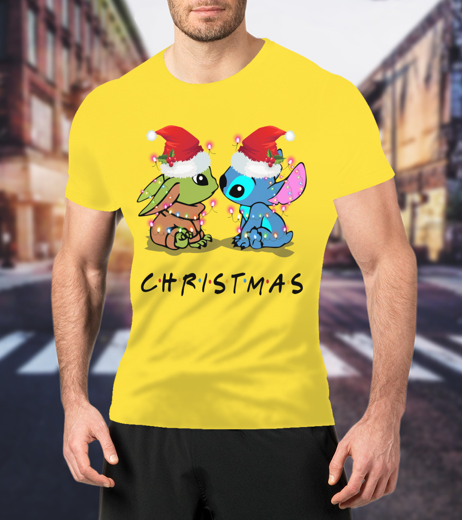 Christmas Yoda And Stitch Santa Hats T-Shirt