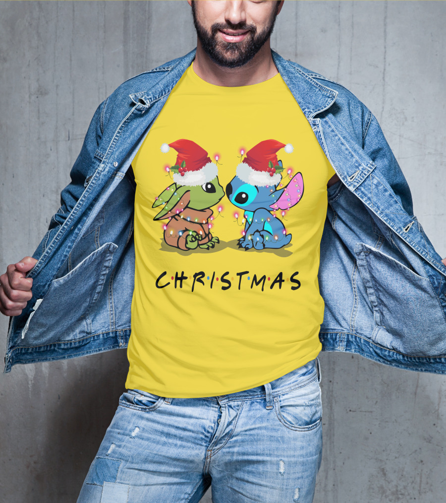 Christmas Yoda And Stitch Santa Hats T-Shirt