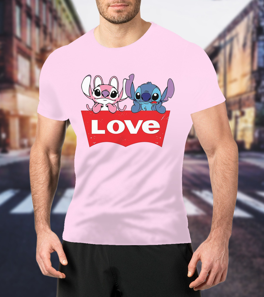 Stitch Love Pink And Blue Character Red Love Block T-Shirt