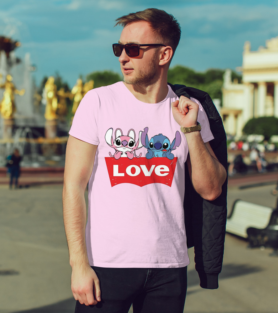 Stitch Love Pink And Blue Character Red Love Block T-Shirt