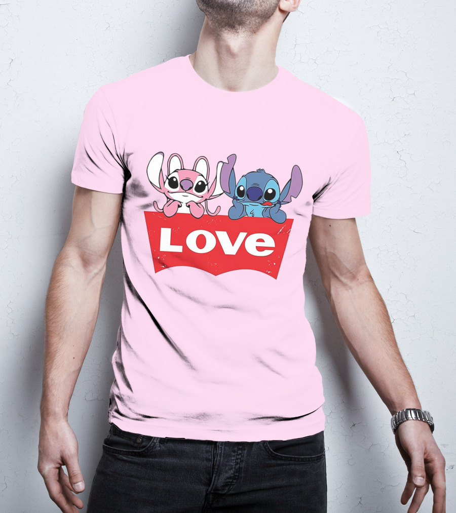 Stitch Love Pink And Blue Character Red Love Block T-Shirt