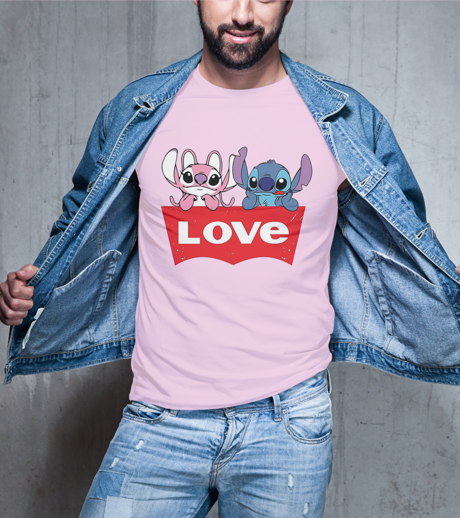 Stitch Love Pink And Blue Character Red Love Block T-Shirt
