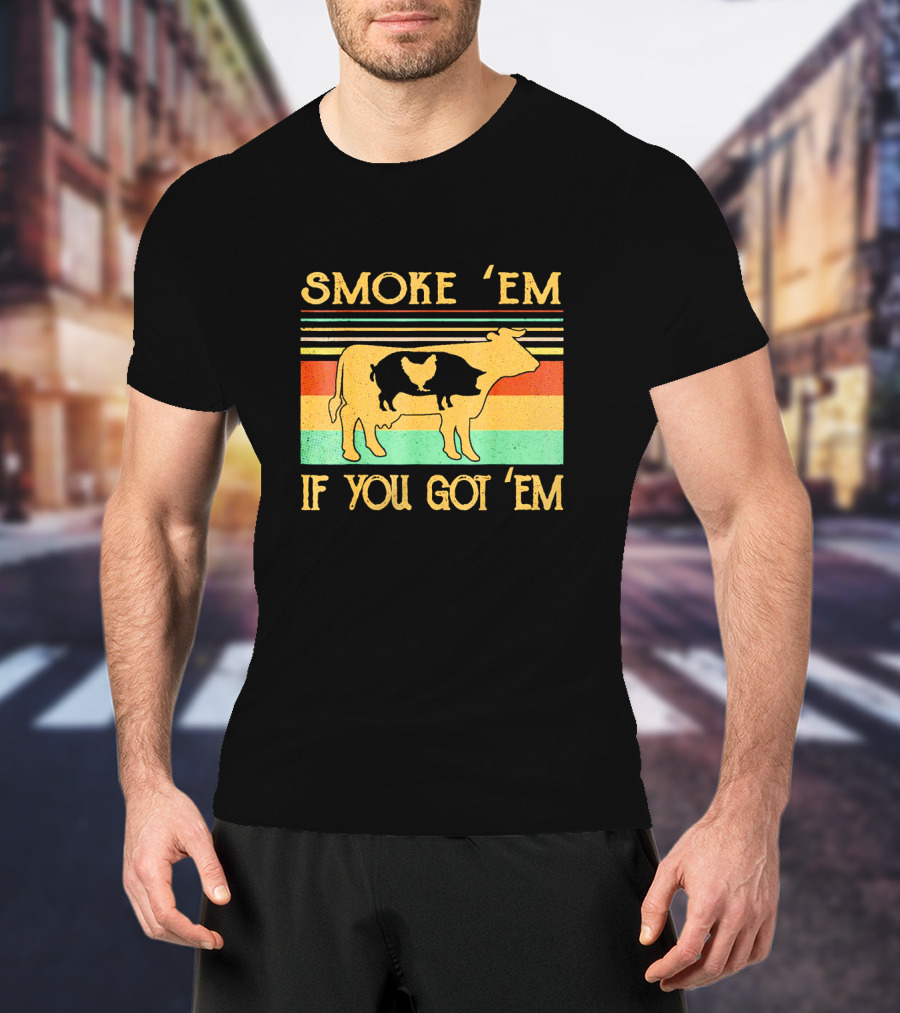 Smoke Em If You Got Em Vintage Cow Pig Chicken Retro Barbecue Stripes T-Shirt