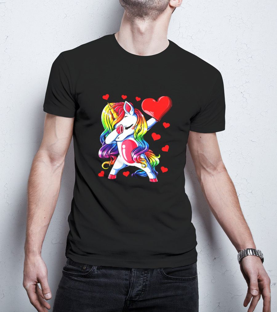Rainbow Dabbing Unicorn Heart Valentines Day Girls T-Shirt
