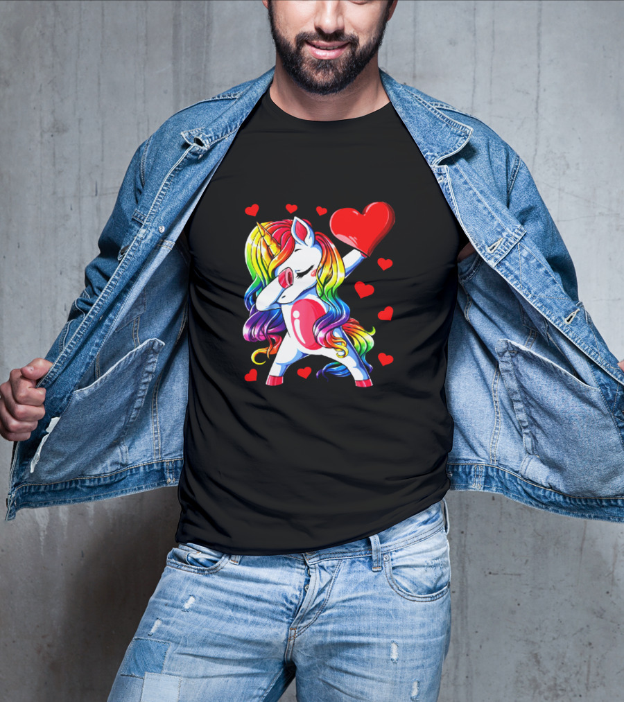 Rainbow Dabbing Unicorn Heart Valentines Day Girls T-Shirt
