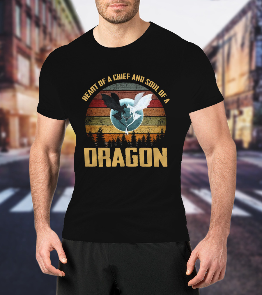 Heart Of A Chief And Soul Of A Dragon With Silhouette Of Two Dragons On Retro Stripes T-Shirt
