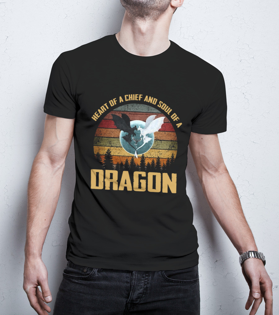 Heart Of A Chief And Soul Of A Dragon With Silhouette Of Two Dragons On Retro Stripes T-Shirt