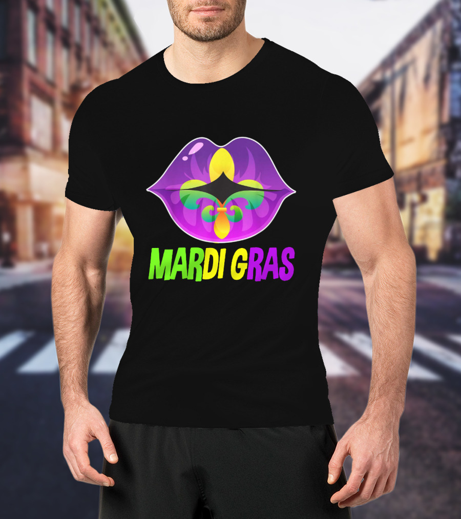 Mardi Gras Lip Fleur De Lis Purple Green Yellow T-Shirt